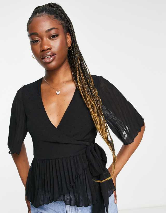 ASOS DESIGN textured wrap short sleeve blouse with pleated peplum hem black