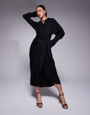 textured wrap tie waist shirt midi dress in black