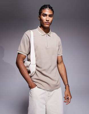 ASOS DESIGN textured zip polo in stone - view 1