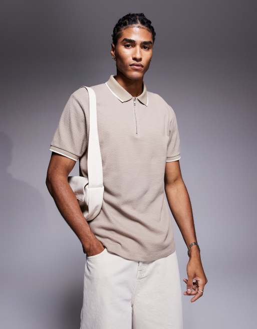 ASOS DESIGN textured zip polo in stone