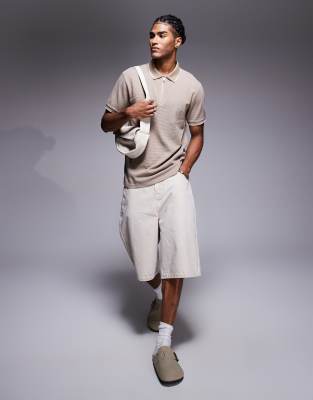 Asos Design Textured Zip Polo In Neutral