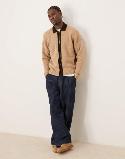 ASOS DESIGN – Texturierte Oversize-Strickjacke in Beige mit kontrastierendem Reißverschluss - view 1