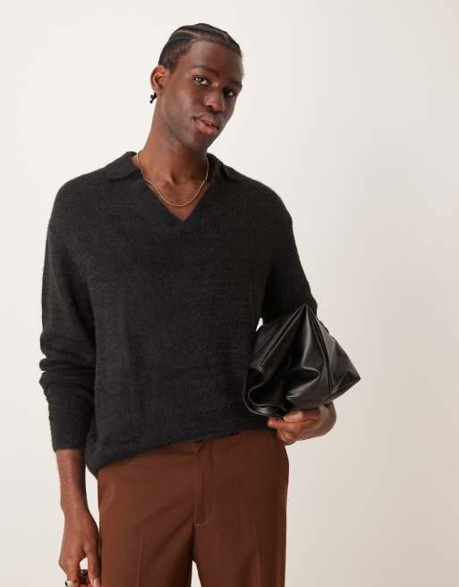 ASOS DESIGN – Texturierter Pullover in Schwarz mit eingekerbtem Ausschnitt