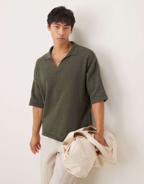 ASOS DESIGN – Texturiertes Polohemd in Grün mit eingekerbtem Ausschnitt und lockerem Schnitt - view 1