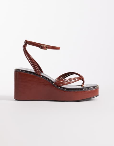ASOS DESIGN Thalia barely there toe thong wedges in conker - view 1