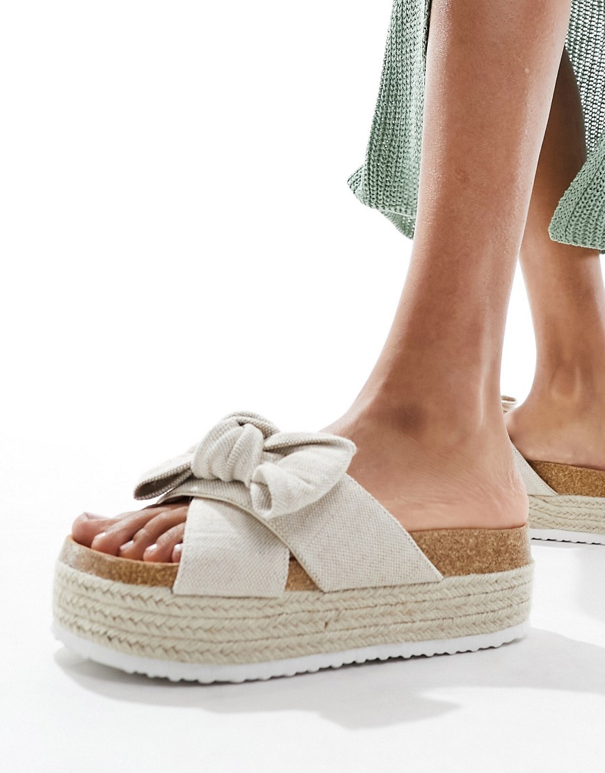 Asos Design Thankful Bow Detail Flatform Sandals In Natural Fabrication-neutral In White