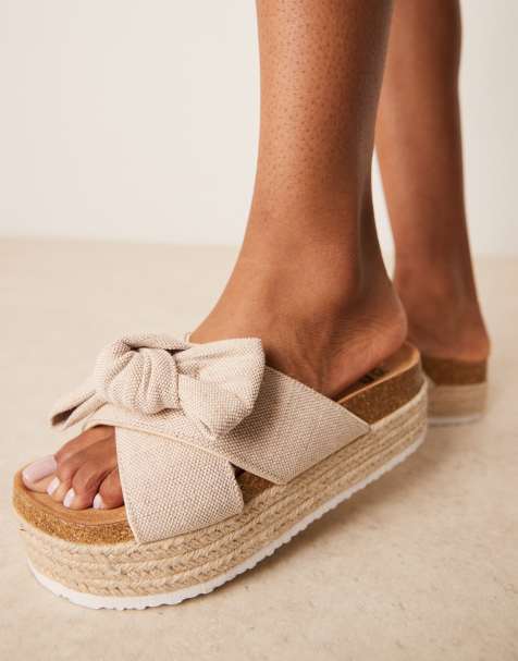 ASOS DESIGN Thankful bow detail flatform sandals in natural fabrication - view 1