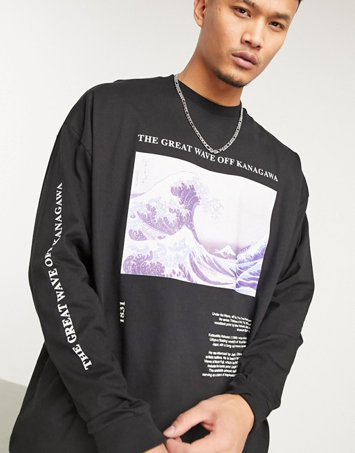 ASOS DESIGN The Great Wave Of Kanagawa relaxed heavyweight long sleeve t-shirt in black