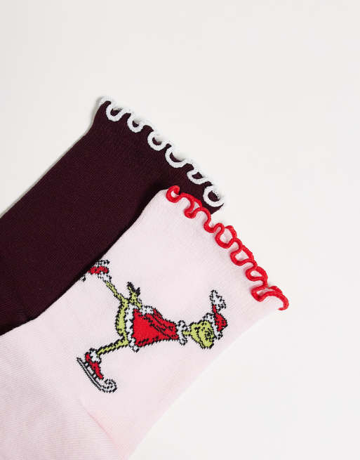 ASOS DESIGN The Grinch 2-pack Christmas socks with ruffle top in multi