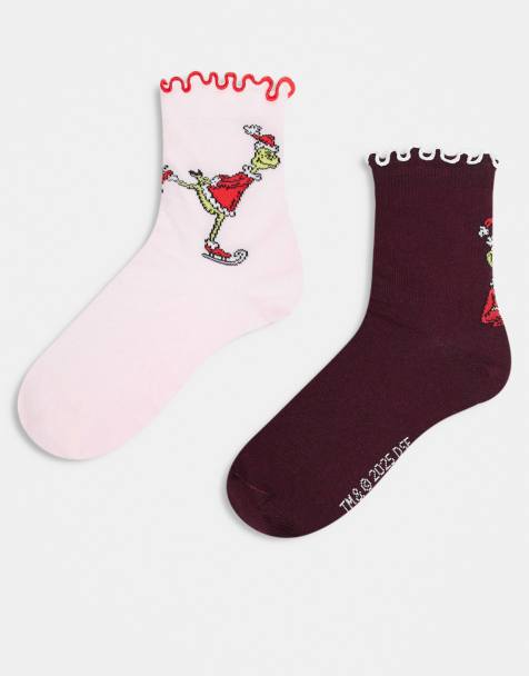 ASOS DESIGN - The Grinch - Kerstset van 2 paar sokken met ruches aan de bovenkant in multi - view 1