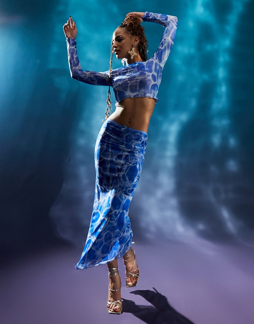 ASOS DESIGN - The Little Mermaid co-ord mesh skirt in blue ocean print-Multi