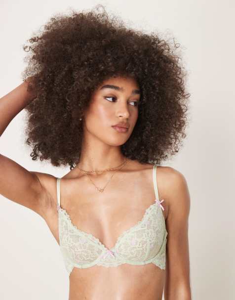 ASOS DESIGN - Thea - Bh van kant met geborduurde roosjes en beugel in saliegroen - view 1