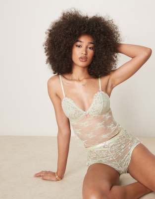 ASOS DESIGN - Thea - Ensemble en dentelle brodée de boutons de rose avec caraco et boxer - Vert sauge