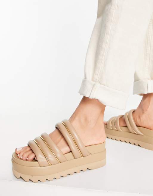 ASOS DESIGN Thea padded flatform mules in beige