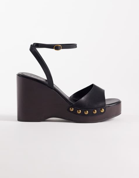 ASOS DESIGN Thea wood effect wedges in black - view 1