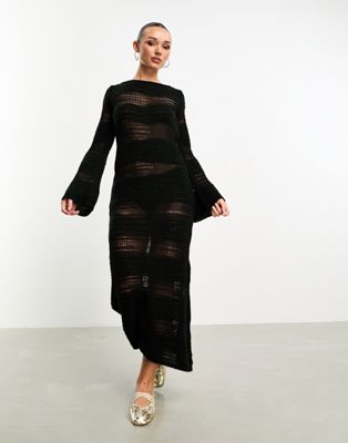 ASOS DESIGN knitted burn out stripe maxi dress in black