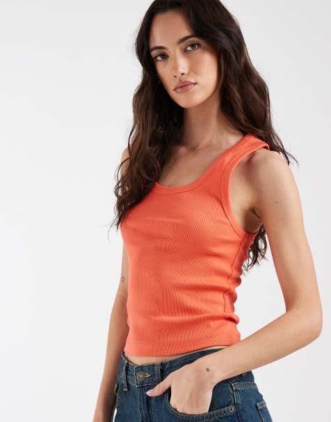 ASOS DESIGN thick binding rib scoop neck singlet in hot coral - view 1