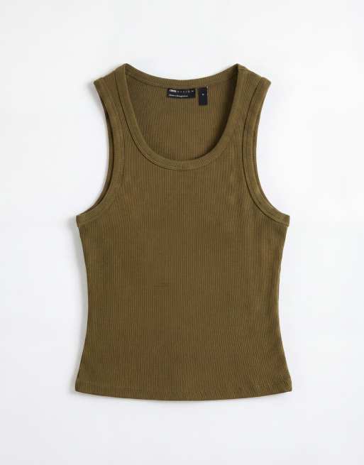 ASOS DESIGN thick binding rib scoop neck singlet in washed olive, 6 of 9