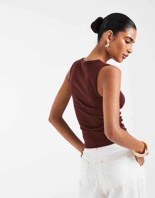 ASOS DESIGN thick binding rib scoop neck vest in chocolate, 3 of 4