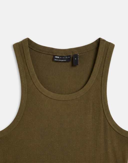 ASOS DESIGN thick binding rib scoop neck vest in washed olive, 8 of 9