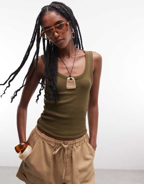 ASOS DESIGN thick binding ribbed scoop neck tank top in washed olive - view 1