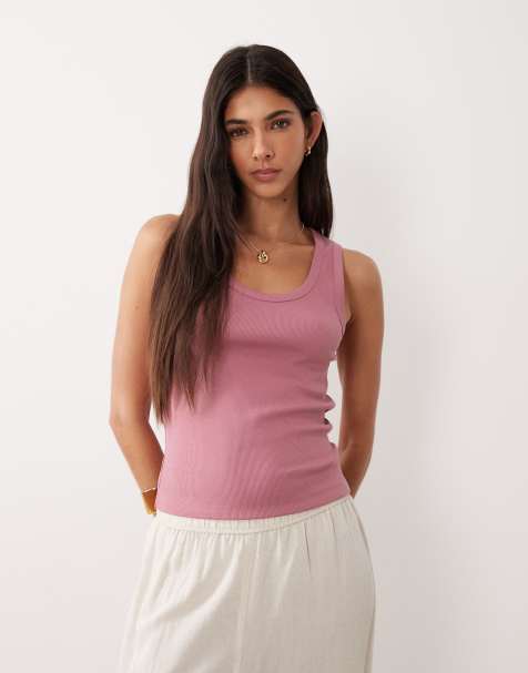 ASOS DESIGN thick binding ribbed scoop neck tank top in washed pink - view 1