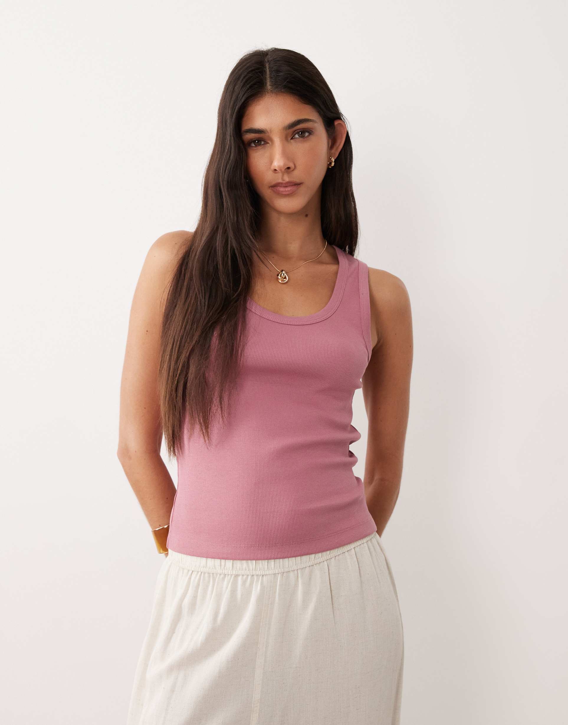asos design thick binding ribbed scoop neck tank top in washed pink