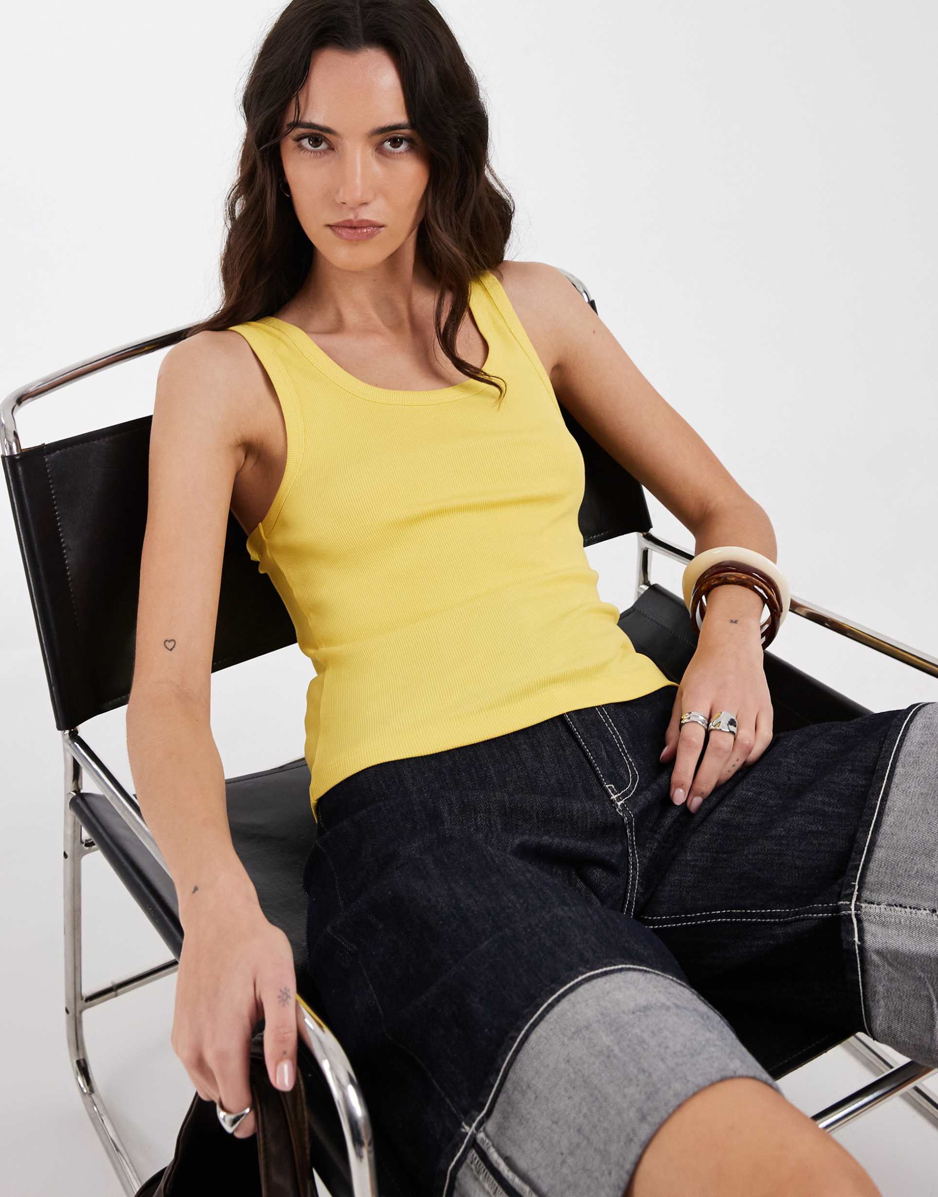 asos design thick binding ribbed scoop neck tank top in yellow