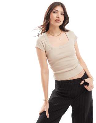 Asos Design Thick Binding Square Neck Tee In Taupe-neutral