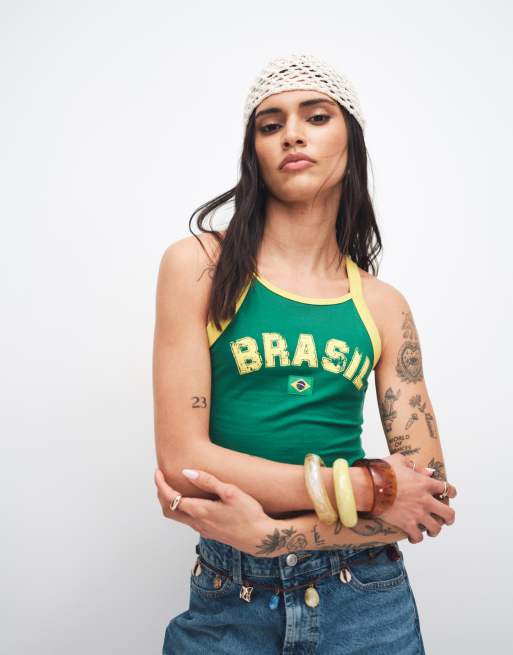ASOS DESIGN thick binding tank top with Brasil soccer graphic in green, 2 of 4