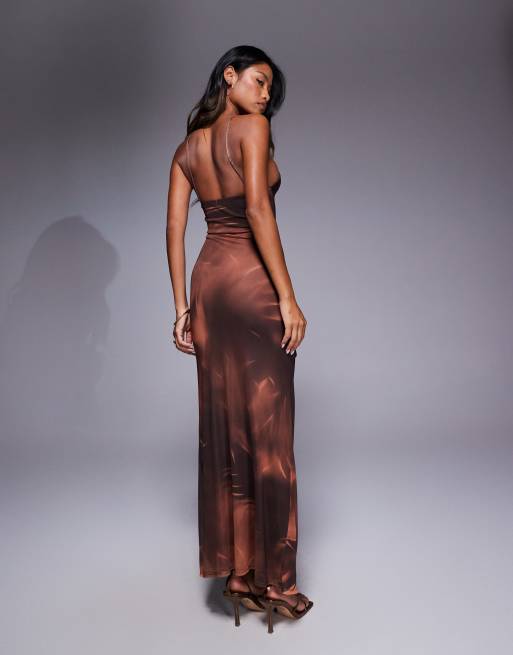 ASOS DESIGN thin halter strap mesh maxi dress with ruching detail in brown floral