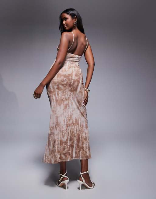 ASOS DESIGN thin halter strap mesh midi dress with ruching detail in blurred pink print