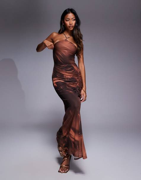 ASOS DESIGN thin halter strap mesh midi dress with ruching detail in brown floral - view 1
