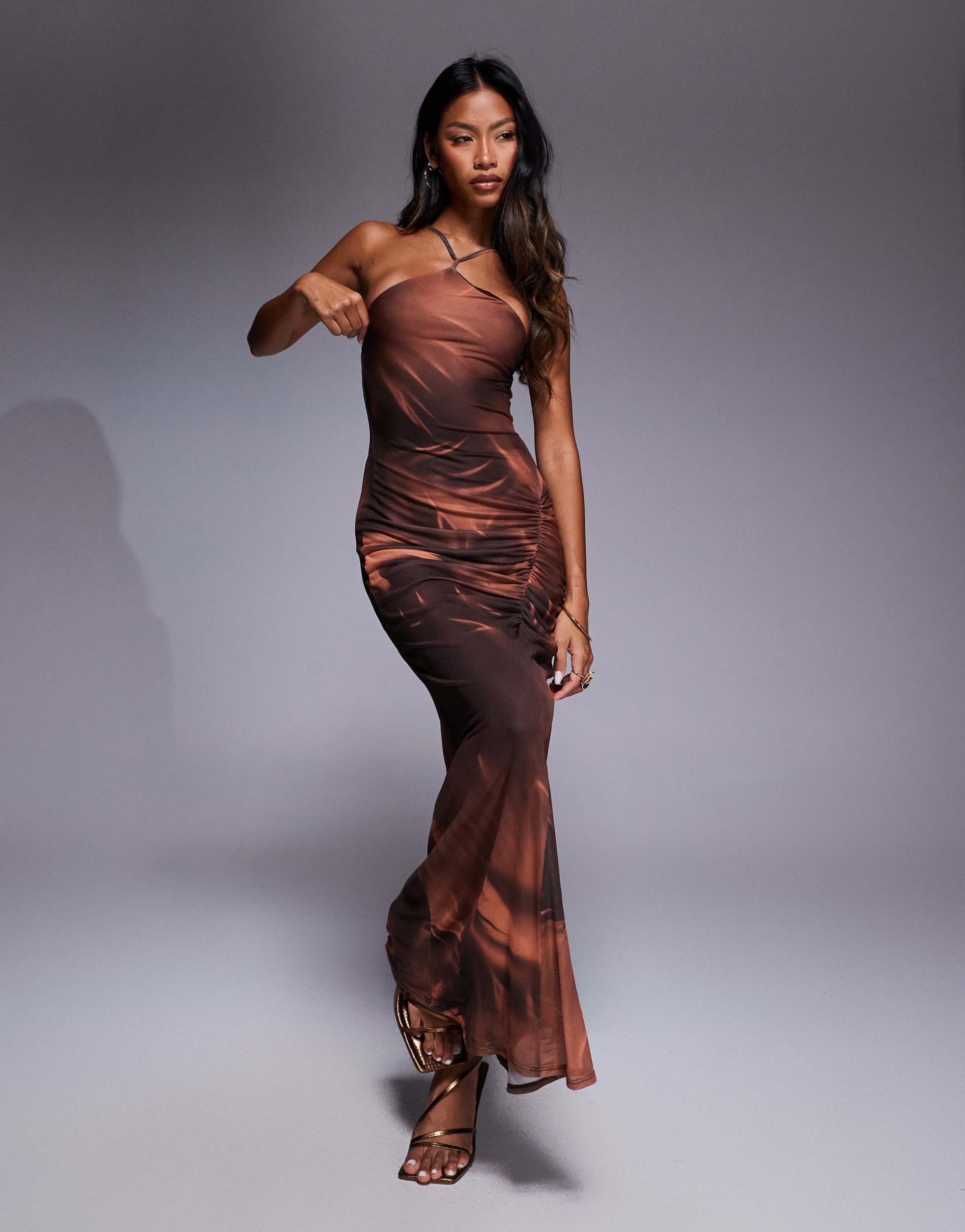 asos design thin halter strap mesh midi dress with ruching detail in brown floral