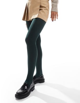 thin ribbed tights in dark green