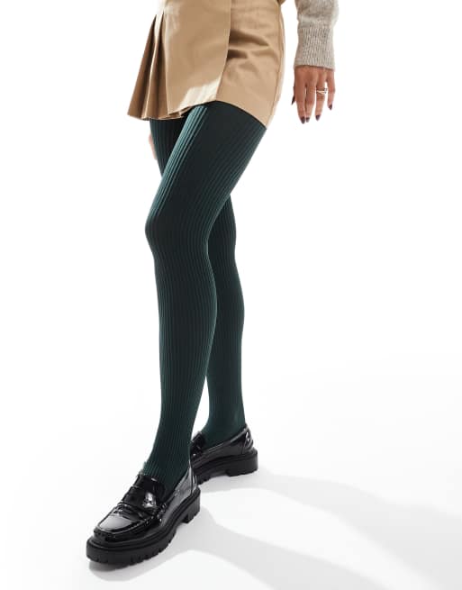 ASOS DESIGN thin ribbed tights in dark green