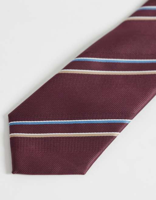 ASOS DESIGN thin stripe rugby tie in burgundy, 2 of 3