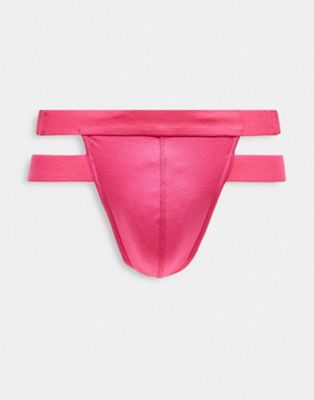 ASOS DESIGN thong in pink with strap detail and hardware