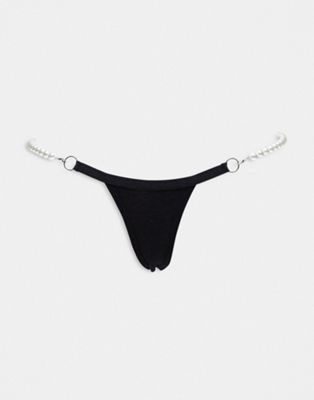 ASOS DESIGN thong with pearl straps in black