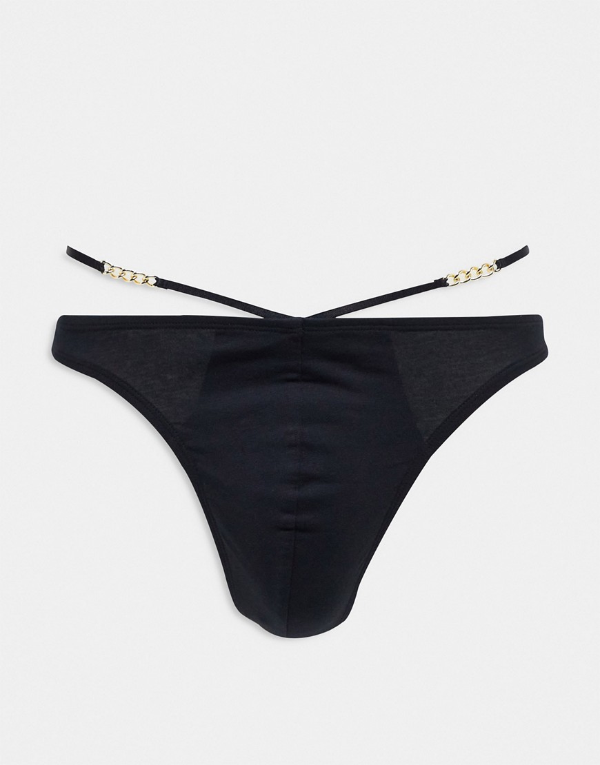 ASOS DESIGN thong with strapping and chain detail-Black