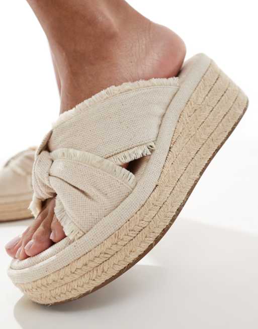 ASOS DESIGN Thoughtful knot detail flatform mules in natural