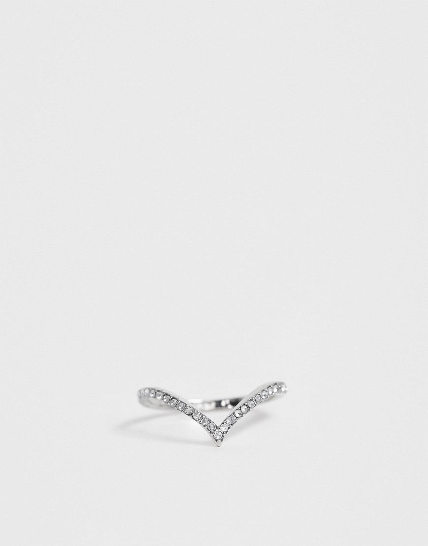 ASOS DESIGN thumb ring in v shape with crystal in silver tone