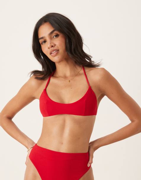 ASOS DESIGN – Tia – Czerwona krótka góra od bikini z dekoltem w kształcie litery U z materiału frotté - view 1