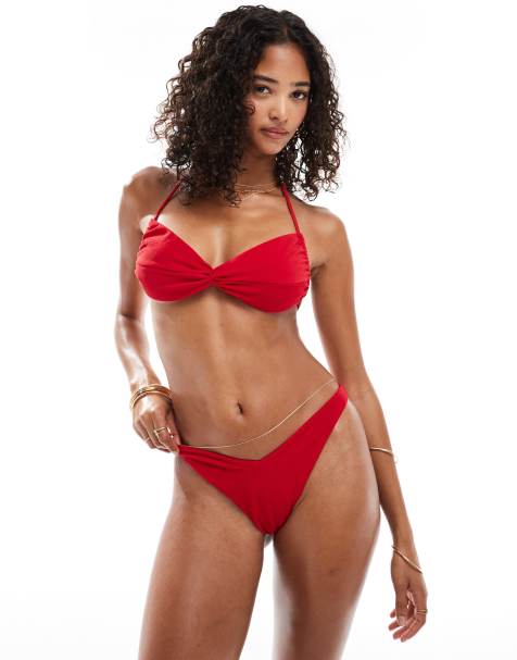 ASOS DESIGN - Tia - Hipster-bikinibroekje van badstof met V-voorkant in rood - view 1