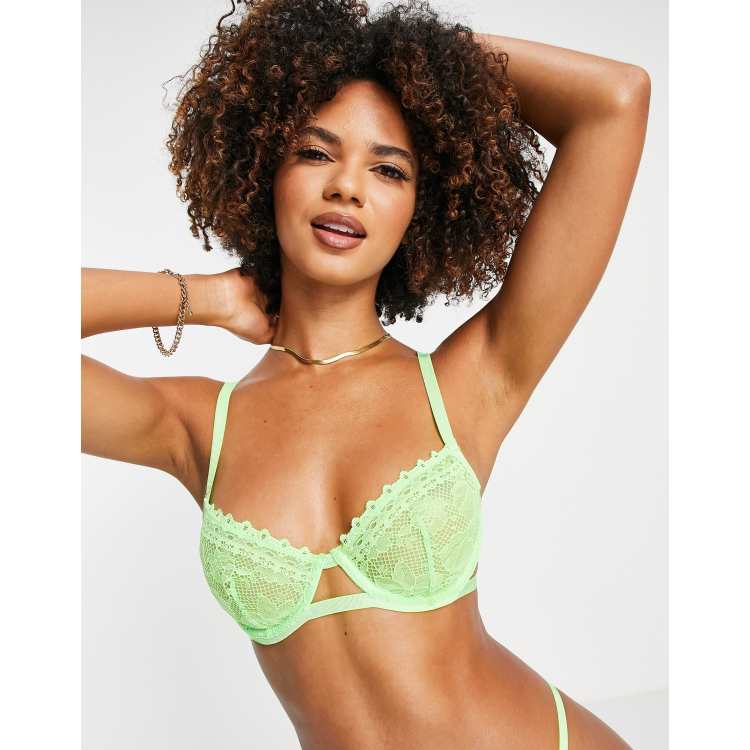 ASOS DESIGN Tia lace balcony cutout strappy underwire bra in neon green