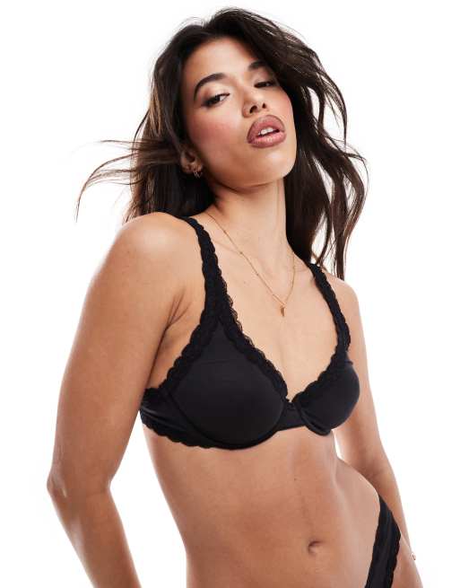 ASOS DESIGN - Tia - Reggiseno morbidissimo con ferretto nero in microfibra con finiture in pizzo