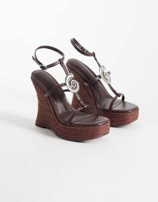 Tia - Sandales compensées à brides fines et détail fossile - Chocolat-Marron 41