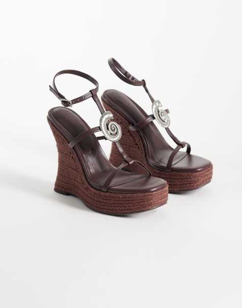 ASOS DESIGN - Tia - Sandales compensées à brides fines et détail fossile - Chocolat - view 1