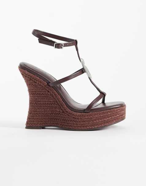 ASOS DESIGN Tia skinny wedge sandals with fossil detail in chocolate - view 1