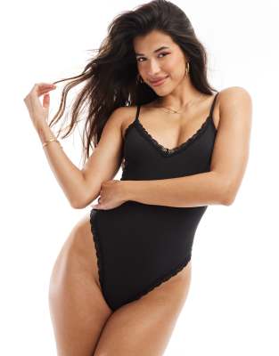 Tia soft bodysuit with lace trim in black